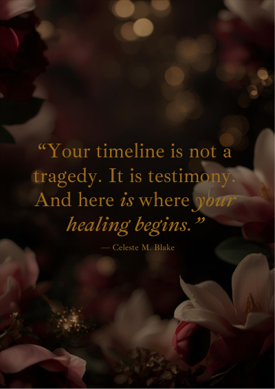 Banner with quote Your timeline is not a tragedy. It is a testimony. Celeste M. Blake