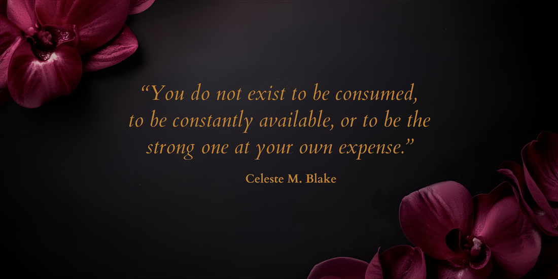 Inspirational quote for Black women about self-worth and boundaries on a dark elegant background with burgundy orchids and gold text.