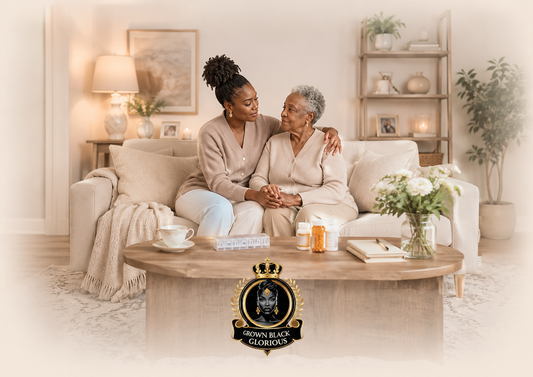 Black woman caregiver supporting her elderly mother at home with medication, tea, and a care planner, representing caregiver self-care and burnout for Black women.