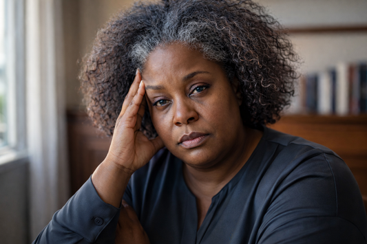 Close-up portrait of a tired Black woman resting her head on her hand indoors, with a serious, emotionally drained expression that reflects burnout, exhaustion, and quiet emotional overload.