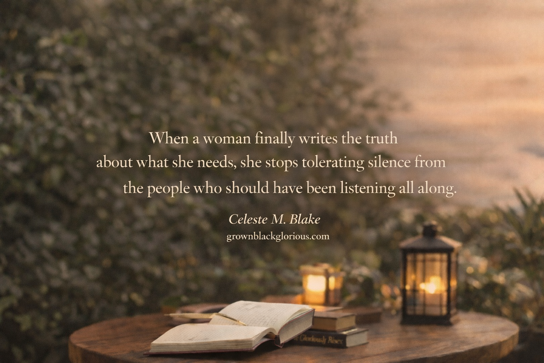 Elegant banner related to journaling in a serene garden at sunset, with a reflective quote about truth, needs, and being heard