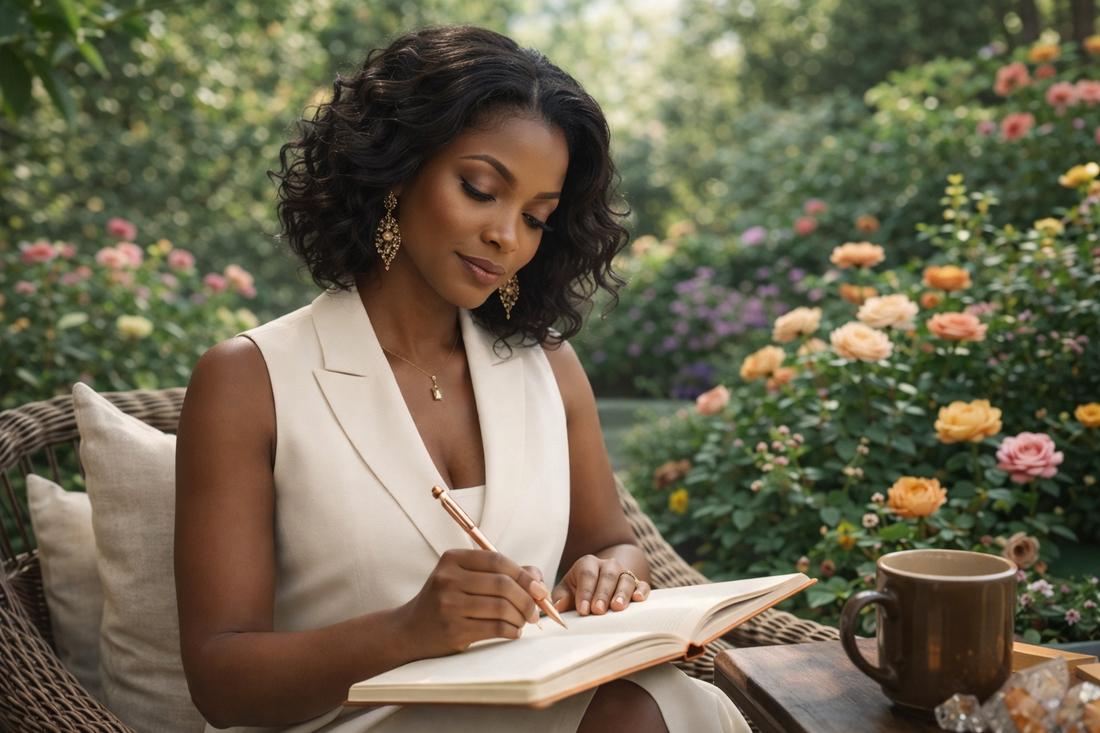 mage of a chic Black woman in an elegant sunlit garden, peacefully journaling at a table surrounded by flowers, greenery, and a calm, luxurious self-care atmosphere.