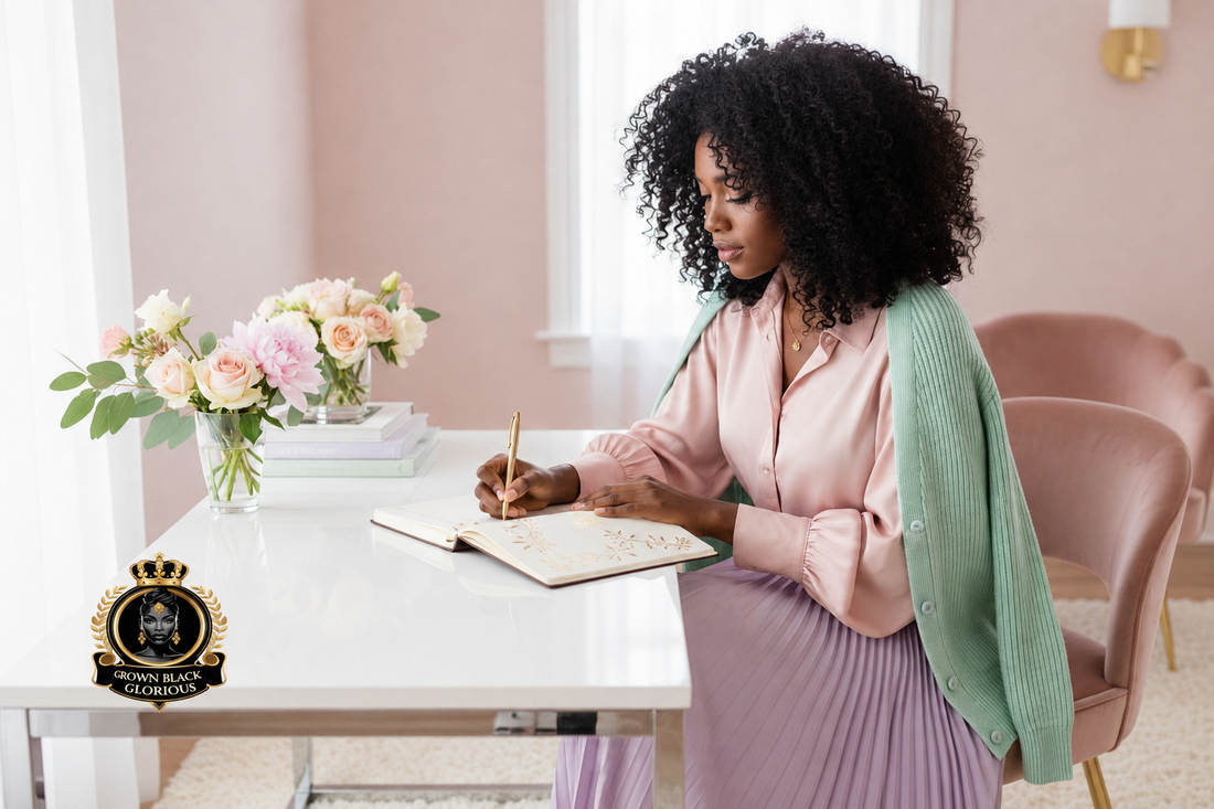 Black woman with natural curly hair journaling at an elegant pastel desk beside fresh flowers, with the Grown Black Glorious logo.