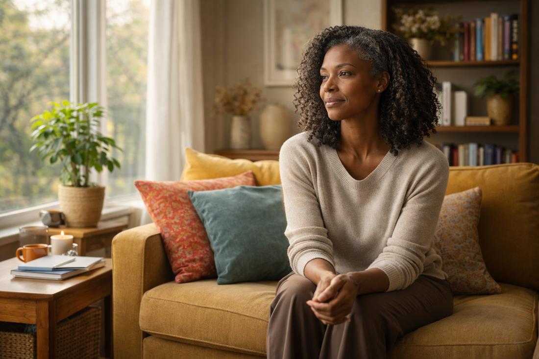 Black woman over 40 sitting in quiet reflection, representing strong black woman burnout and emotional exhaustion.