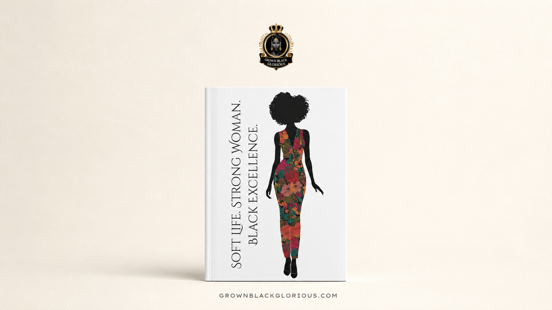 Blank lined journal for Black women featuring a floral silhouette and the words Soft Life, Strong Woman, Black Excellence, ready to hold her story.