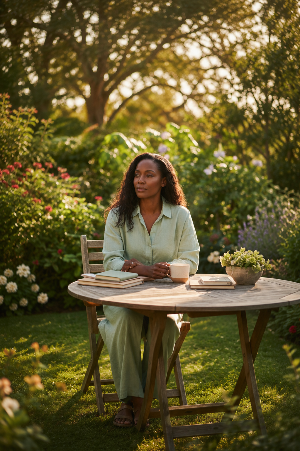 A Black woman in her forties sits at a wooden garden table in soft morning light, her wellness planner and journal open beside a warm cup of tea.