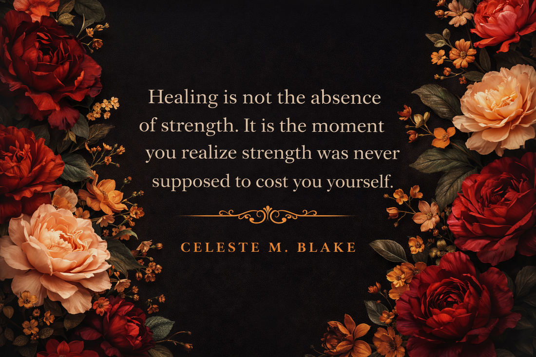 Elegant floral quote banner in high contrast black, red, peach, and gold with the message healing is not the absence of strength for Black women emotional healing