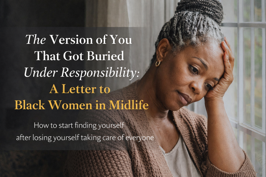 Black woman in midlife reflecting by window, feeling lost after taking care of everyone, representing emotional healing and reclaiming identity for Black women over 40