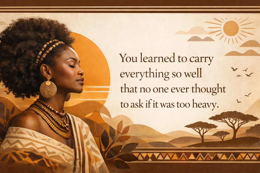 Afrocentric banner with Black woman and quote about emotional healing, strength, and releasing burdens for Black women over 40