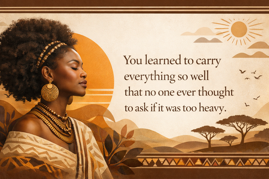 Afrocentric banner with Black woman and quote about emotional healing, strength, and releasing burdens for Black women over 40