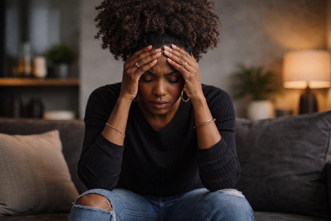 Image of a stressed Black woman in her 40s sitting on a modern couch, holding her head in emotional exhaustion, representing burnout, emotional overwhelm, and healing for Black women in midlife