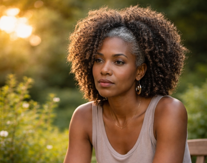 Black woman over 40 with natural hair outdoors reflecting on emotional healing and self-care