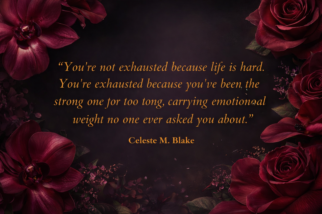 Inspirational quote for Black women about emotional exhaustion and healing, displayed on a luxurious dark floral background with red roses and orchids, representing strength, burnout, and self-care