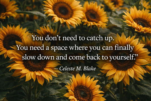 luxury sunflower banner with inspirational self care quote for Black women about slowing down, healing, and reconnecting with yourself