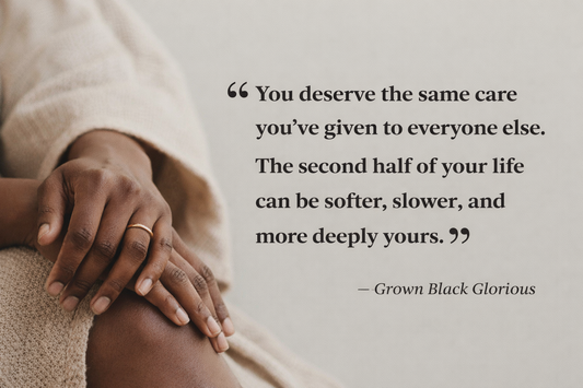 minimalist banner with Black woman hands and bold inspirational quote about self care, healing, and slowing down for Black women over 40
