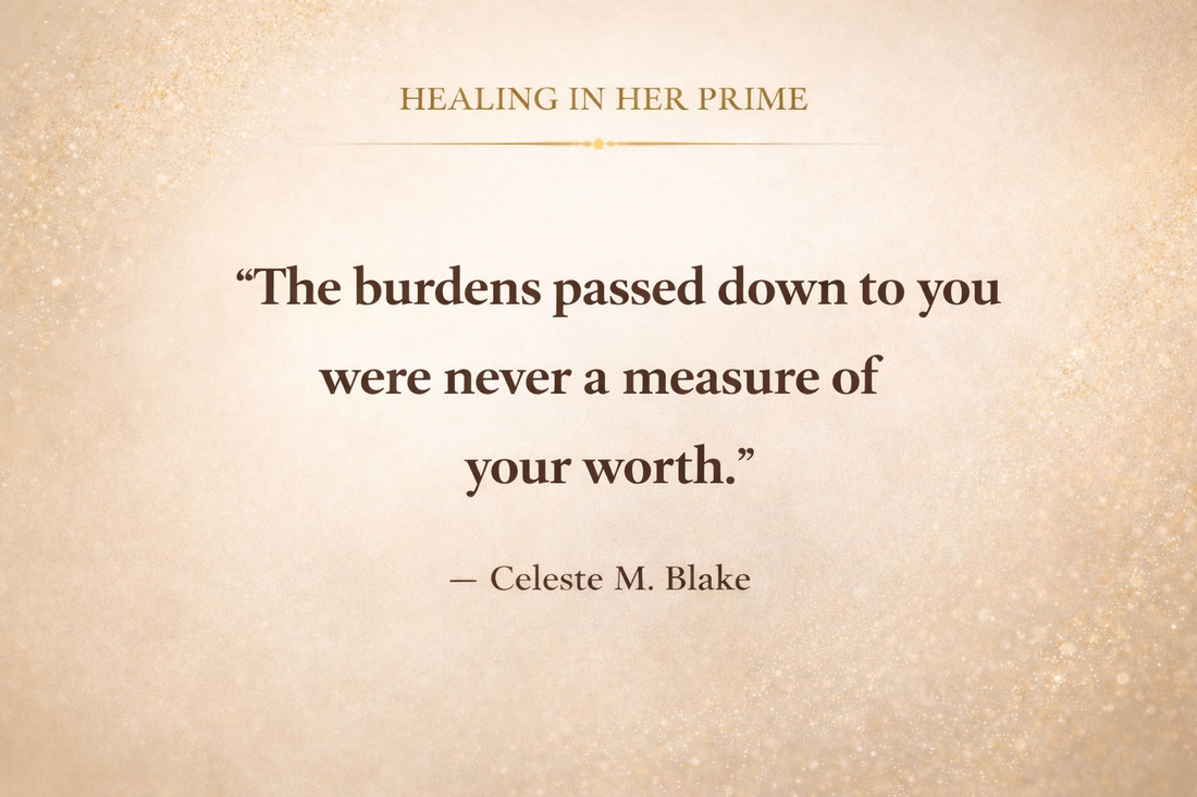  Luxury beige blog banner with inspirational quote about healing and emotional burden from the book Healing in Her Prime by Celeste M. Blake for Black women’s self-care and burnout recovery.