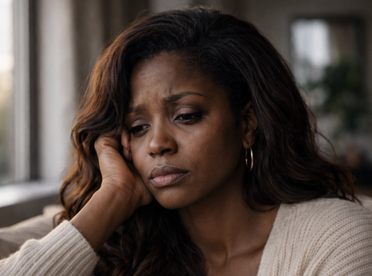 Black woman sitting alone at home looking exhausted and reflective, illustrating why women feel guilty taking care of themselves