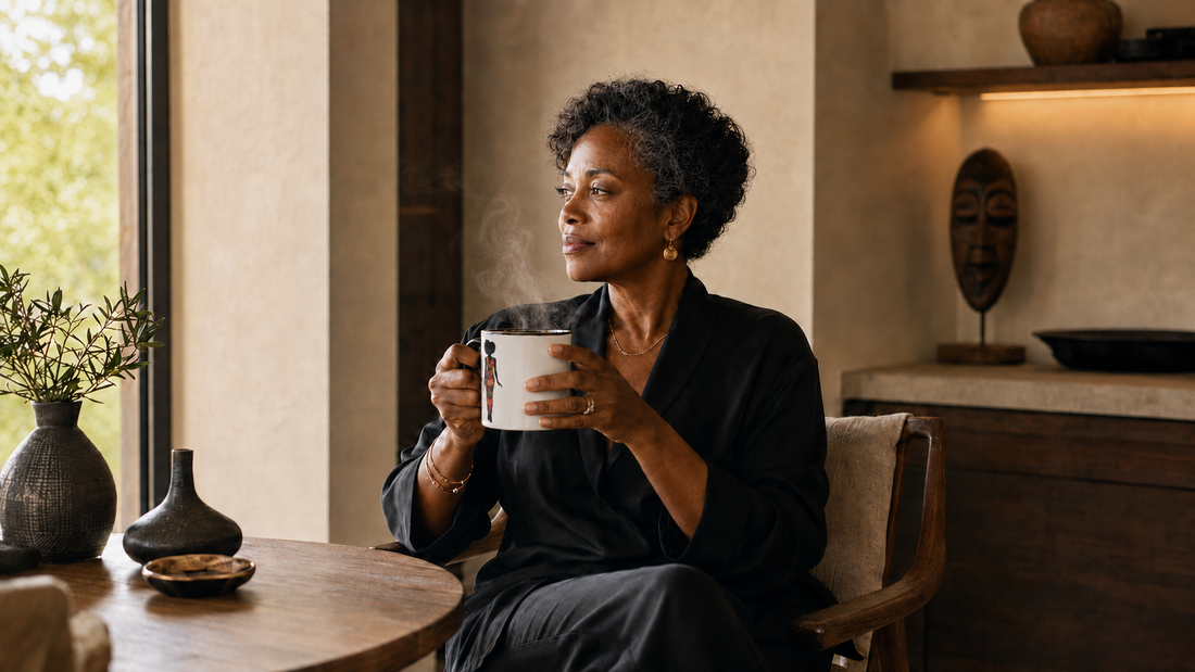 Black woman over 50 enjoying a quiet five-minute morning coffee ritual with a floral Grown Black Glorious mug in an elegant modern home.