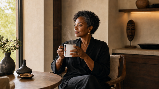 Black woman over 50 enjoying a quiet five-minute morning coffee ritual with a floral Grown Black Glorious mug in an elegant modern home.