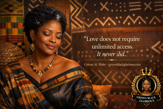 Reflective Black woman with short natural hair and grey strands wearing gold and indigo kente dress, eyes closed beside quote on family boundaries and self‑care.
