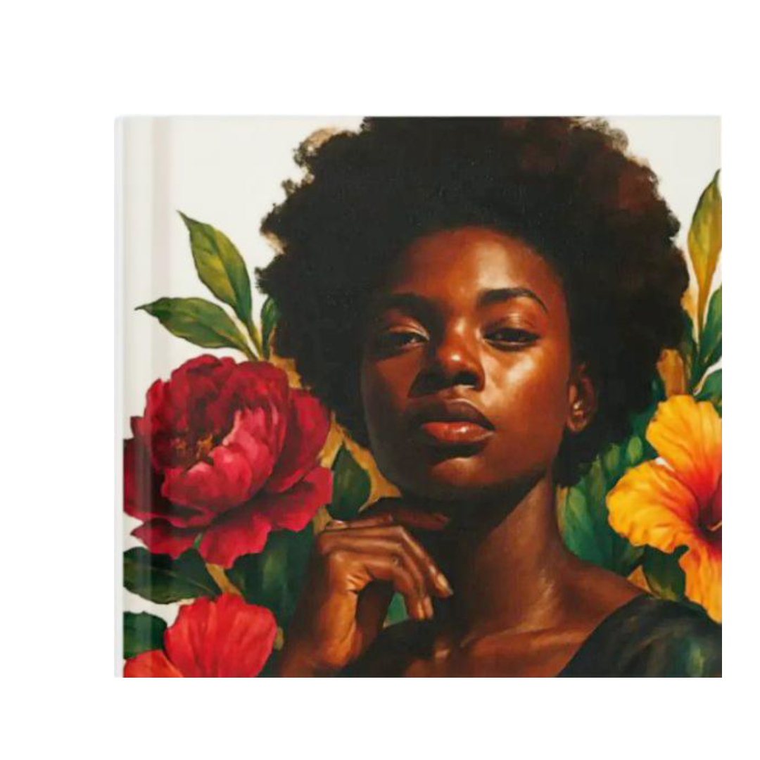 Afrocentric self-care journal for Black women over 40 featuring a Black woman with natural hair surrounded by bold florals — part of the Self-Care Journal Bundle for Black Women 40+ by Grown Black Glorious