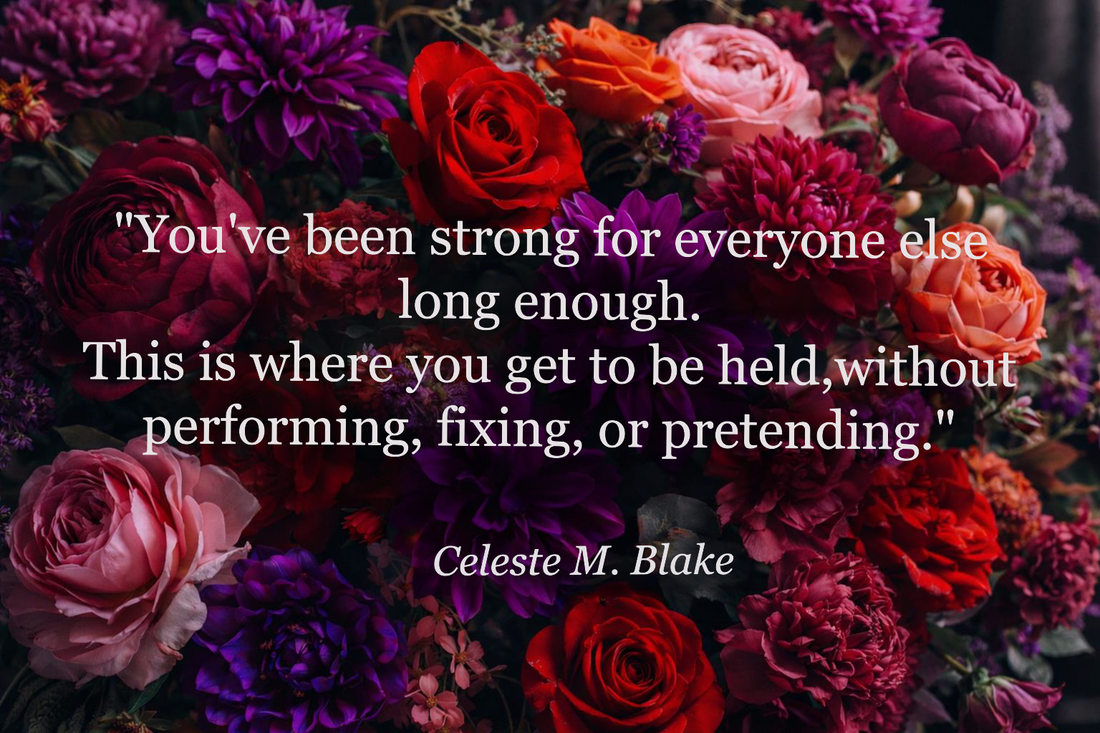 healing quote for strong Black women about rest, support, and letting go of pressure, set on rich elegant floral background