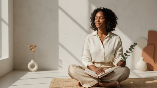 Black woman over 40 peacefully journaling in a sunlit room, representing the 7 Stages of Emotional Healing for a Black Woman Over 40.
