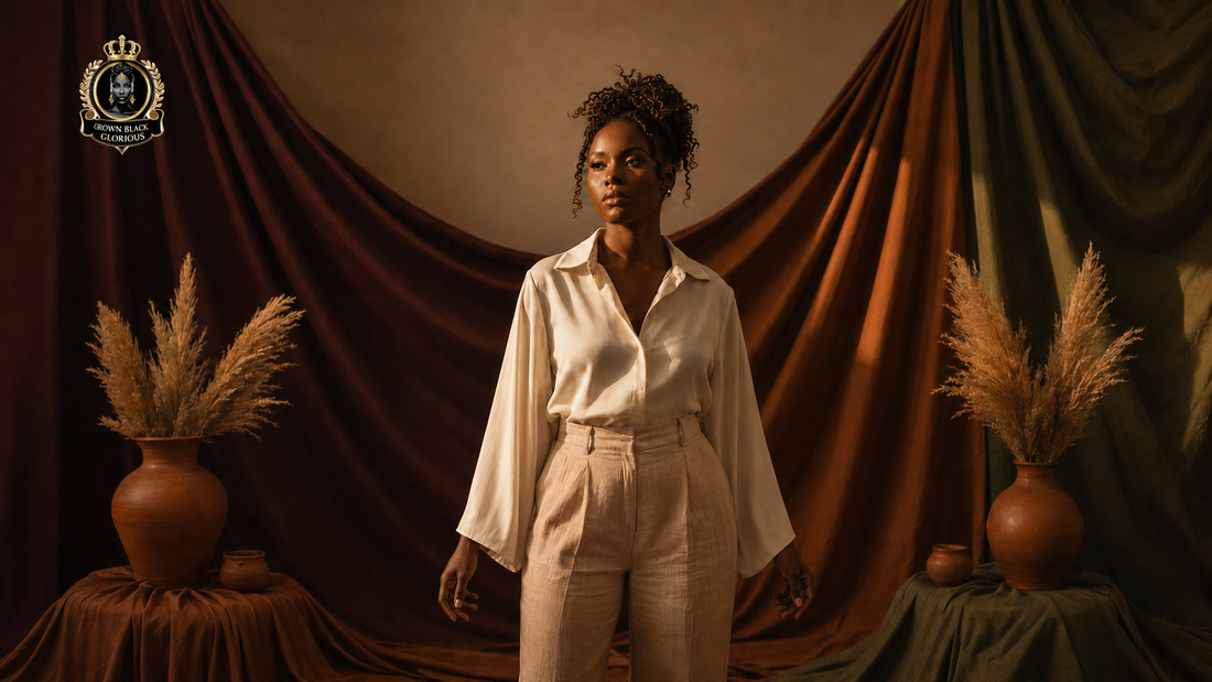 Black woman in an Afrocentric setting with a Celeste M. Blake quote about grief recovery and loving the woman who survived.