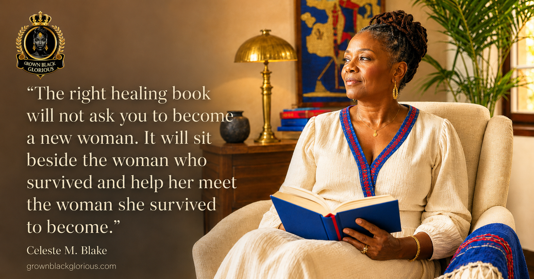 Mature Black woman reading in an elegant room with Haitian blue and red accents and a quote about healing books.