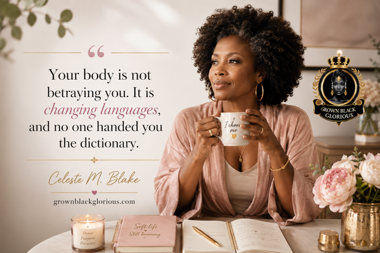 Black woman over 40 reflecting on midlife body changes with coffee and a self-care journal from Grown Black Glorious.