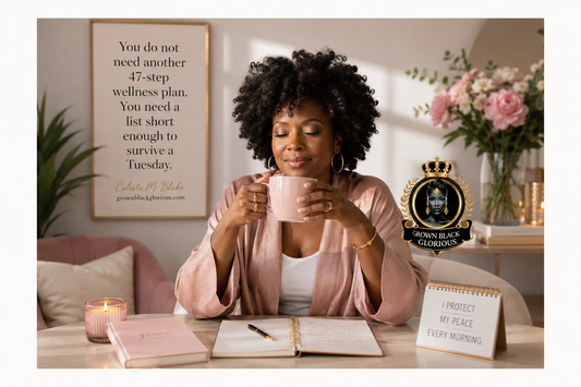 Black woman over 40 practicing a peaceful morning routine with coffee, journaling, and self-care tools from Grown Black Glorious.