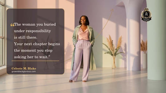Black woman in her 40s standing confidently beside a quote about reclaiming herself after years of responsibility.