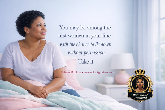 Black woman over 40 embracing rest and self-care in a calming bedroom, featuring a burnout recovery quote from Grown Black Glorious.