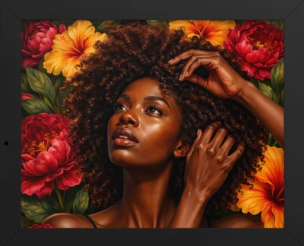 Femme en Floraison framed fine art print for Black women in emotional healing — a gallery quality piece for the woman reclaiming her identity her softness and her joy after years of carrying too much, shop Grown Black Glorious