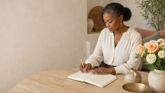 Mature Black woman writing in a journal at a sunlit table, illustrating journal prompts for Black women over 40 and personal reflection.