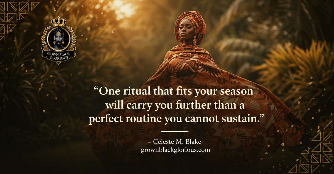 Elegant Black woman in traditional African attire with a wellness quote about choosing sustainable self-care rituals.