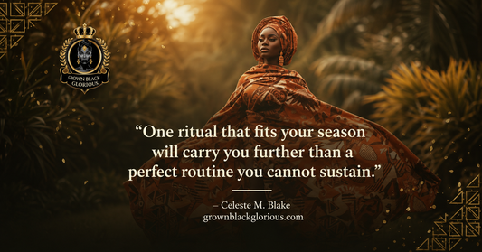 Elegant Black woman in traditional African attire with a wellness quote about choosing sustainable self-care rituals.