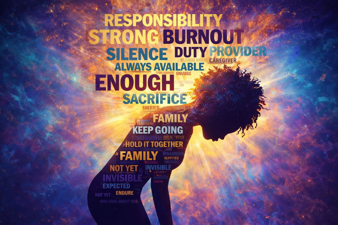 Silhouette of a Black woman filled with words like responsibility, strong, burnout, duty, sacrifice, and always available representing strong Black woman burnout and emotional exhaustion