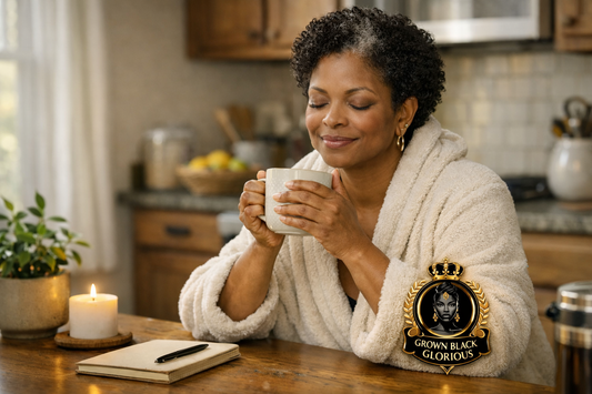 Black woman over 40 enjoying a self-care Sunday routine with tea, journaling and quiet rest at home