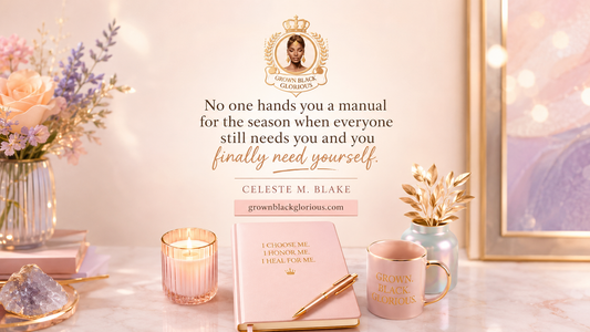Self-care journal for Black women over 40 with quote by Celeste M. Blake about needing yourself during caregiving and burnout recovery