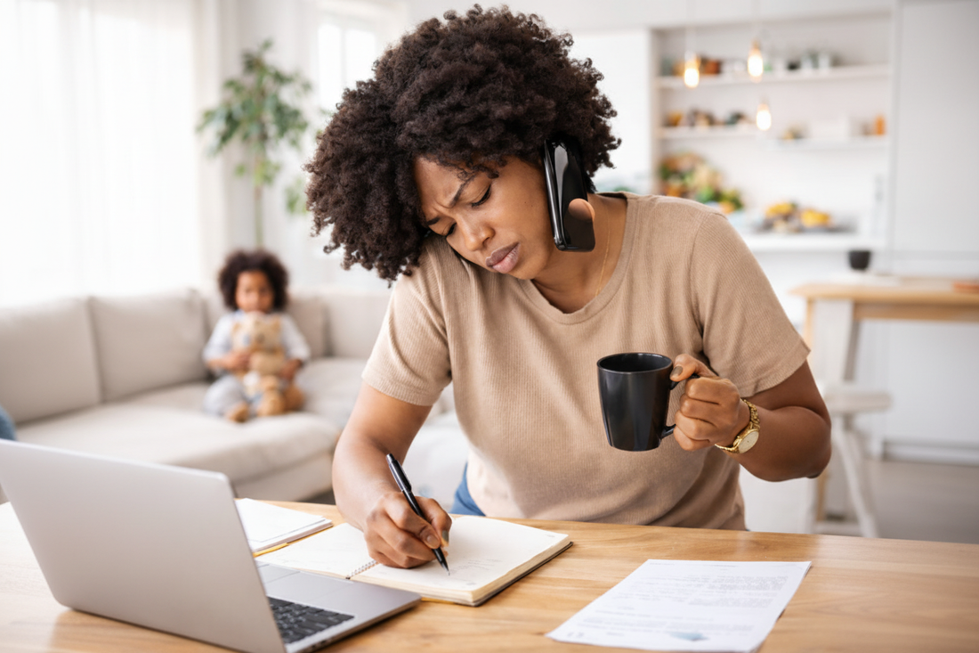 Overwhelmed Black woman multitasking at home, writing in a notebook while holding a phone and coffee, representing emotional burnout and mental load experienced by strong Black women balancing work, caregiving, and daily responsibilities.