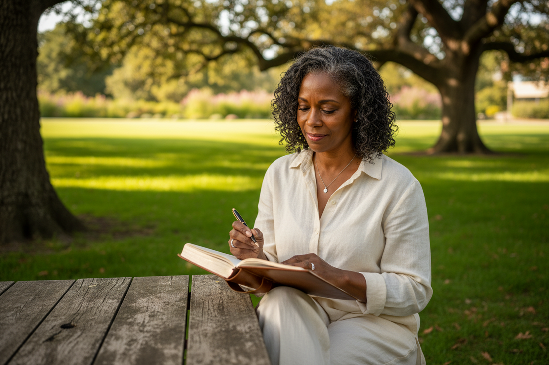 Black woman in midlife writing in a journal at a quiet table, reflecting on her thoughts during a private moment of healing