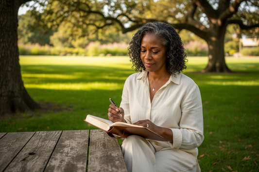 Black woman in midlife writing in a journal at a quiet table, reflecting on her thoughts during a private moment of healing