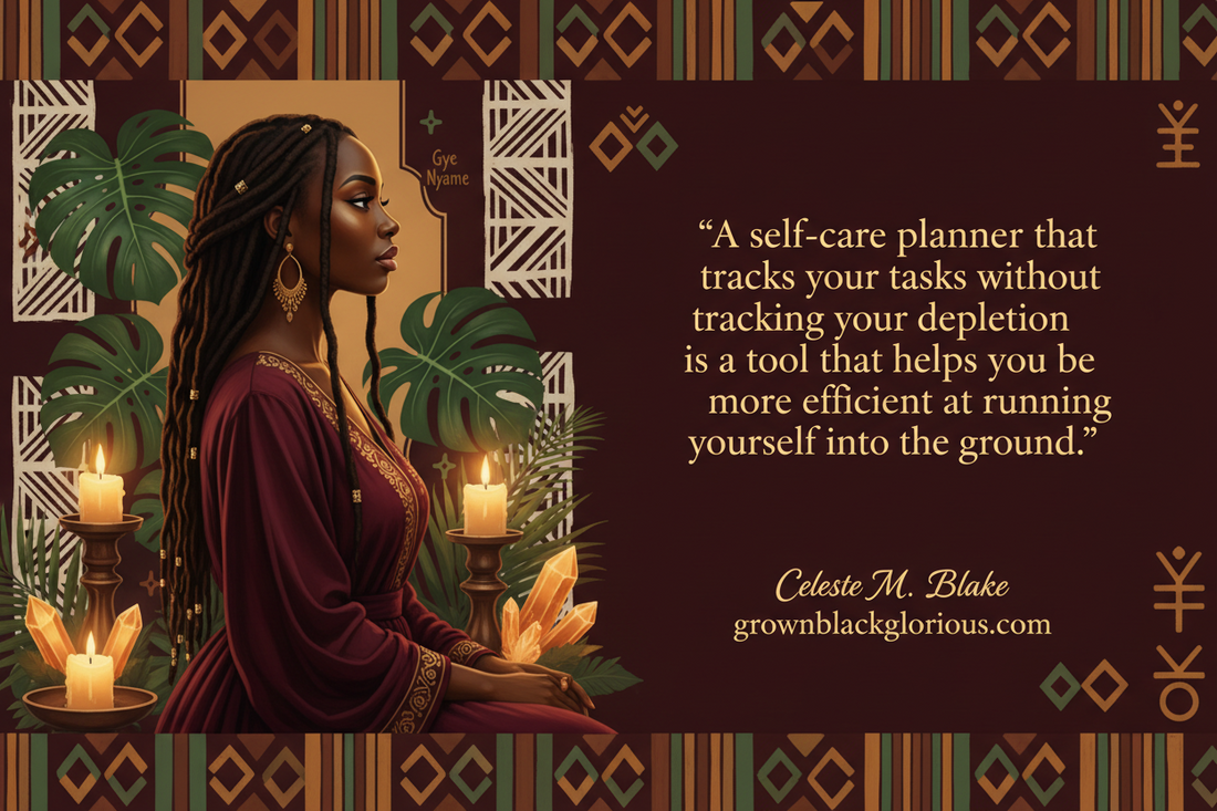 Black woman self-care planner quote graphic with elegant African-inspired design and wellness branding.
