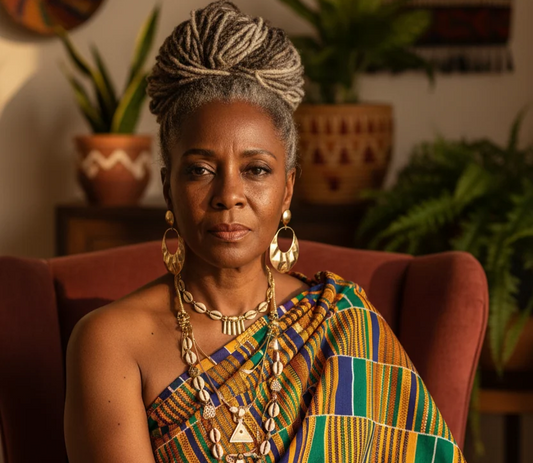Older Black woman in a colorful African-print dress seated confidently in a warm room with plants and Afrocentric décor.