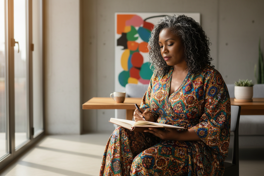 Black woman with gray curls writing in a journal in a modern sunlit room, wearing a colorful patterned dress that reflects calm, healing, and intentional self-care.