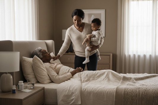 Black woman caring for both her mother and young child at home, illustrating caregiver burnout, the sandwich generation, and the need for a self-care journal.