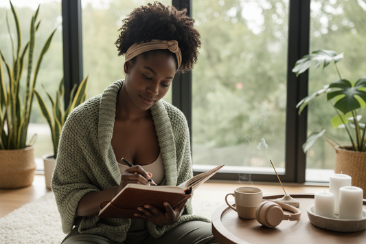 Black woman writing in self care journal by window representing emotional self care for black women in daily life