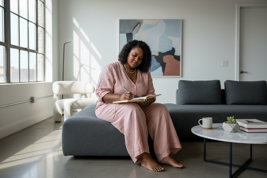 Black woman over 40 sitting quietly with a journal and pen, reflecting in a moment of stillness and self-care