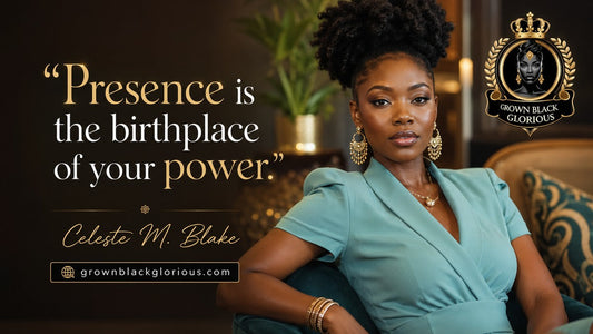 Black women journal image featuring an elegant Black woman with a healing self-care quote for journals for Black women by Celeste M. Blake.